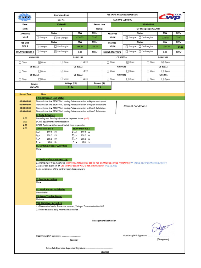 Vanxai Substation Shift Log | PDF | Electrical Substation | Physical ...