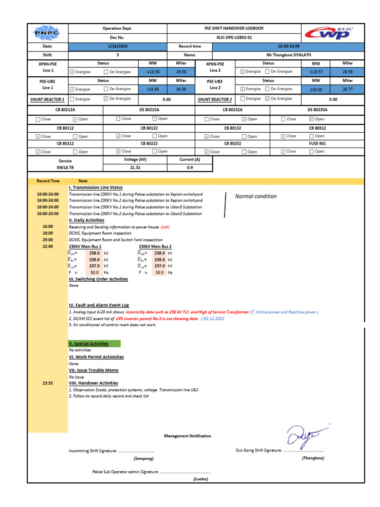 16Jan2024 Shift 3AS PSESublogbook Download Free PDF Electrical