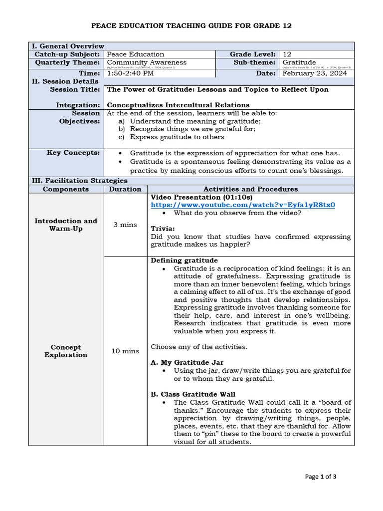 PEACE EDUCATION Feb 23 2024 | PDF | Gratitude | Psychology