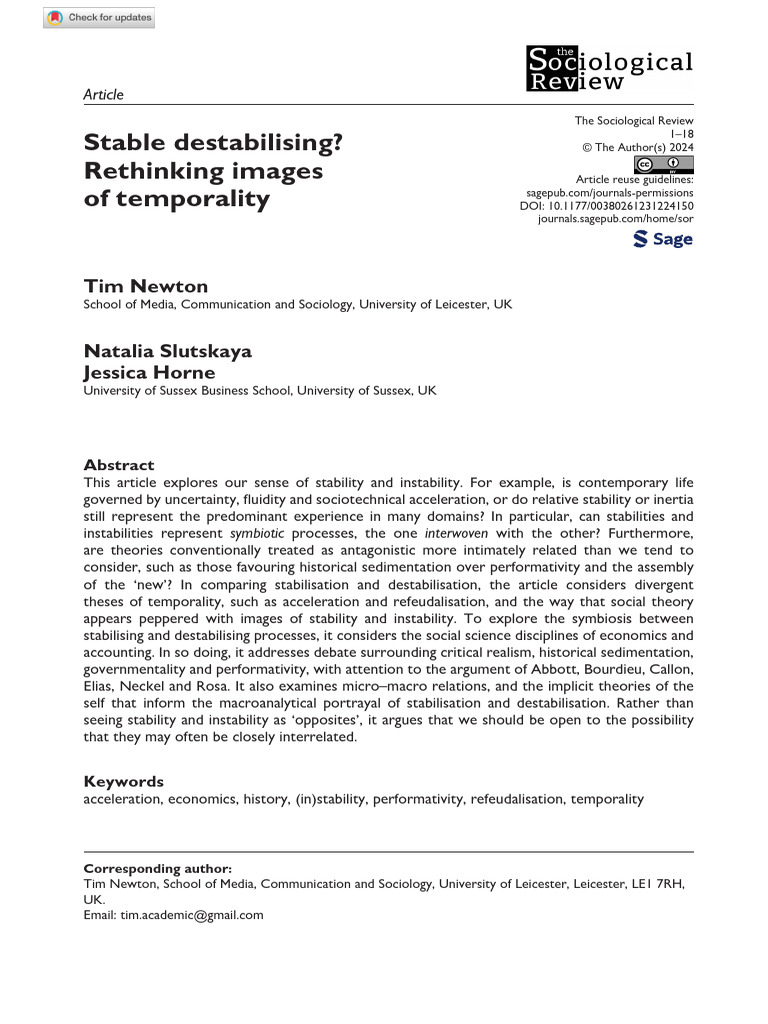 Stable Destabilising Rethinking Images of Temporalitysociological ...