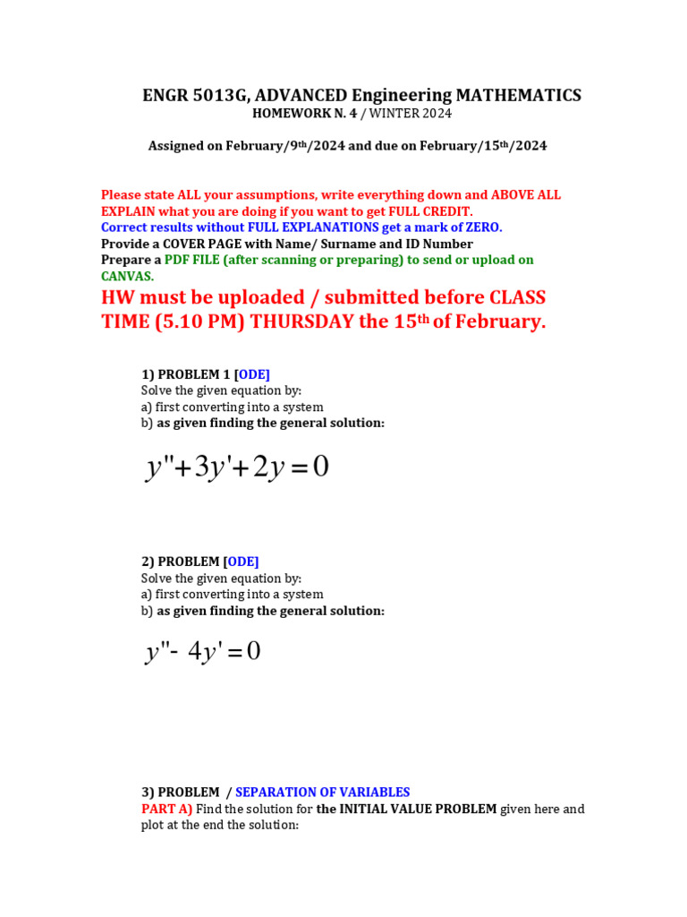 Advanced Engineering Mathematics Homework 4 | PDF
