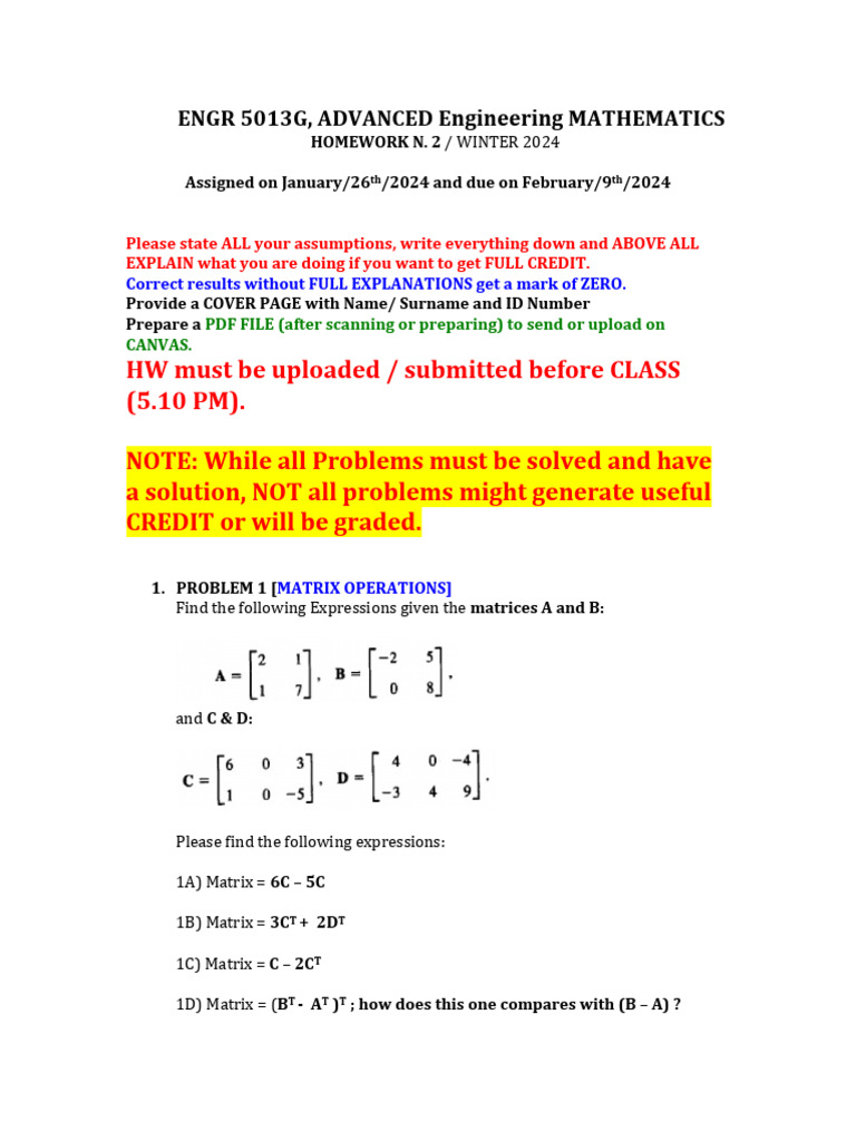 Advanced Engineering Mathematics Homework | PDF | Matrix (Mathematics ...
