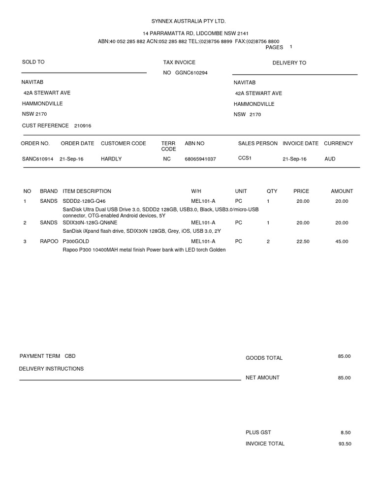Synnex Australia Navitab Invoice Details | PDF | Computer Hardware