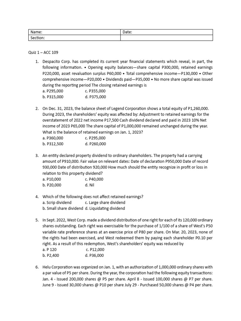 Quiz 1 PDF Retained Earnings Dividend