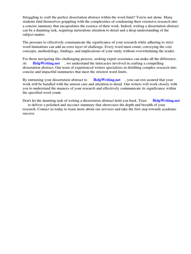 Dissertation Abstract Word Limit PDF Thesis Abstract (Summary)