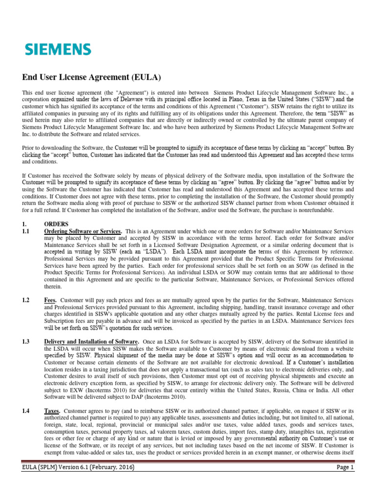Siemens EULA for SPLM Software 6.1 | PDF | Taxes | License