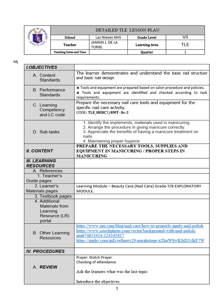 Lesson Plan Grade 7 Beauty Care PDF Lesson Plan Nail (Anatomy)
