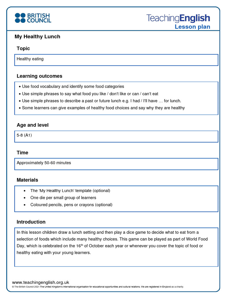 My Healthy Lunch LP | PDF | Lunch | Lesson Plan