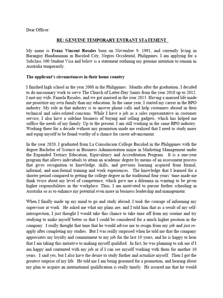 Genuine Temporary Entrant Statement for Visa | PDF | Cost Of Living ...
