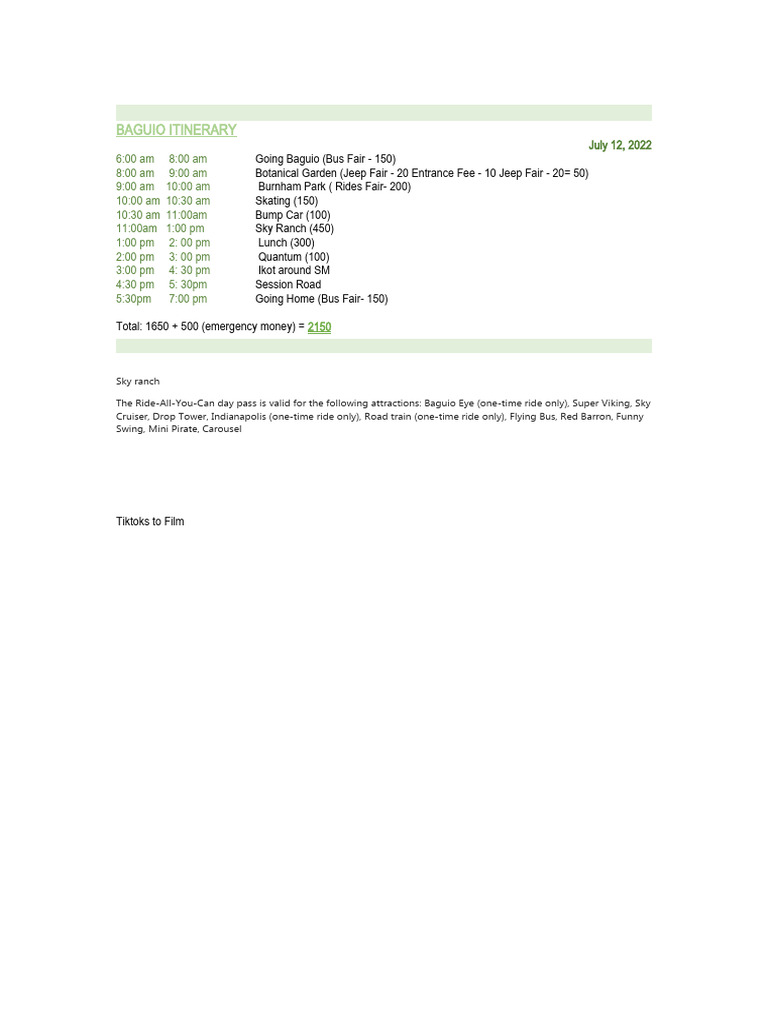 Baguio Day Trip Itinerary Guide | PDF