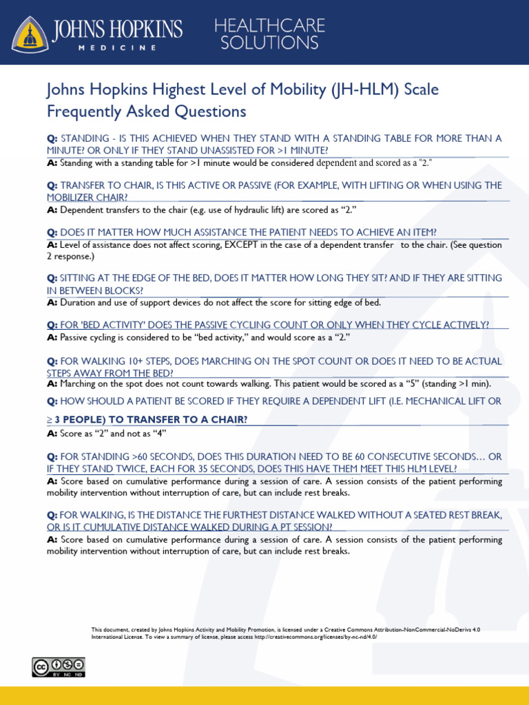 Johns Hopkins Mobility Scale Overview | PDF | Nursing | Physical Therapy