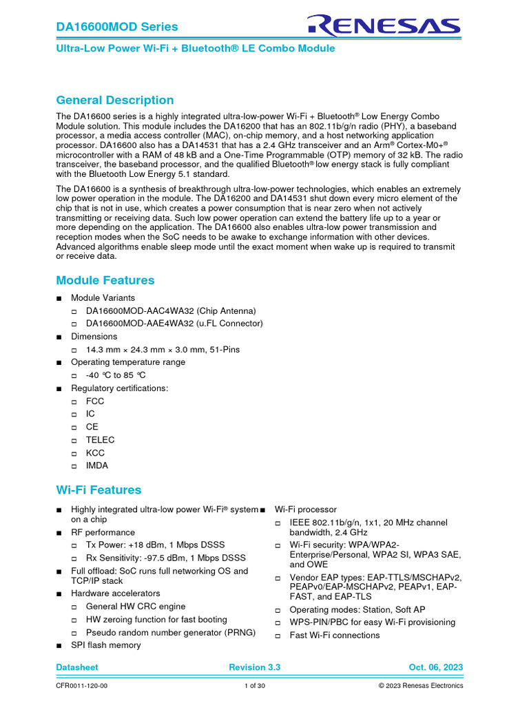 REN DA16600MOD Series Datasheet 3v3 DST 20231006 | PDF | Ieee 802.11 ...