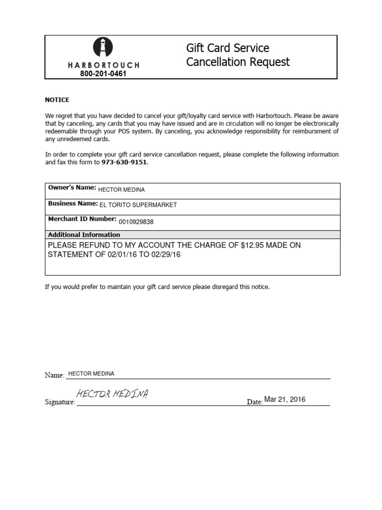 El Torito Gift Card Cancellation Notice | PDF | Gift Card | Payments