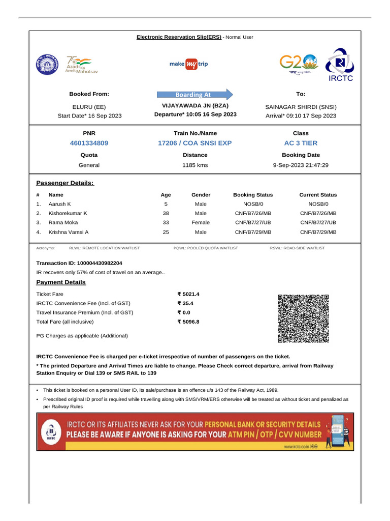 IRCTC Train Ticket: Eluru to Sainagar Shirdi | PDF | Identity Document