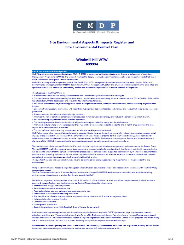 Construction Environmetal Control Plan - Windmill Hill | PDF | Waste | Risk