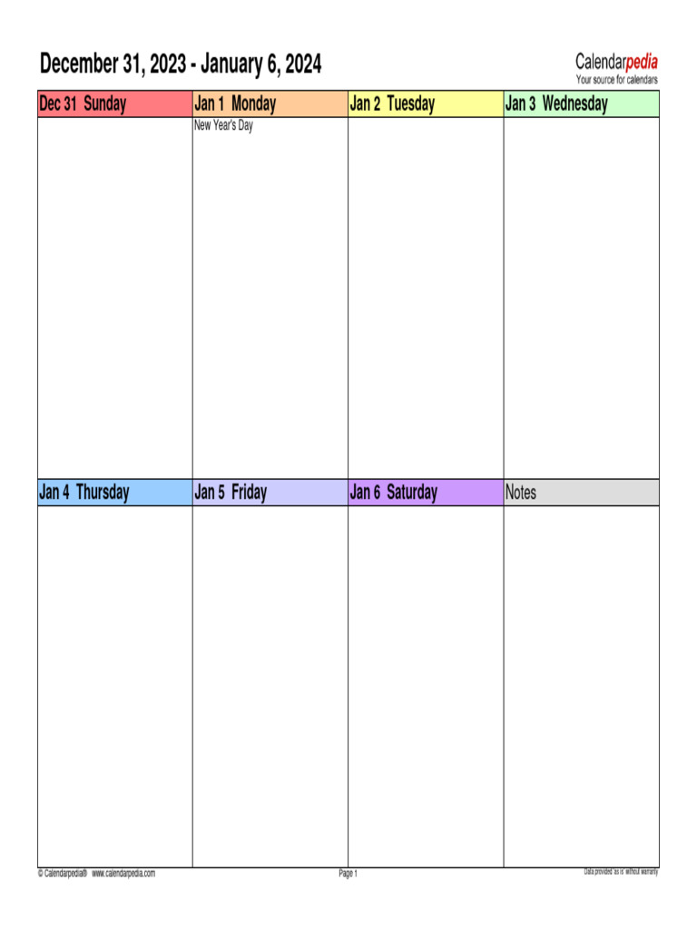 Weekly Calendar 2024 Landscape 4 Columns in Color | PDF | Observances ...