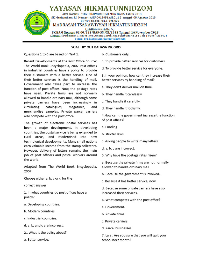 English Try Out for Students | PDF | Mail | United States Postal Service