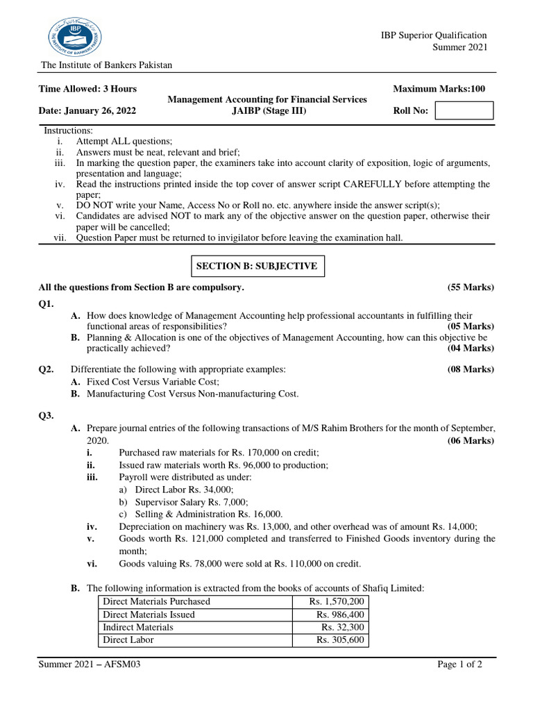 Management Accounting Exam Paper 2021 | PDF | Business | Business Economics
