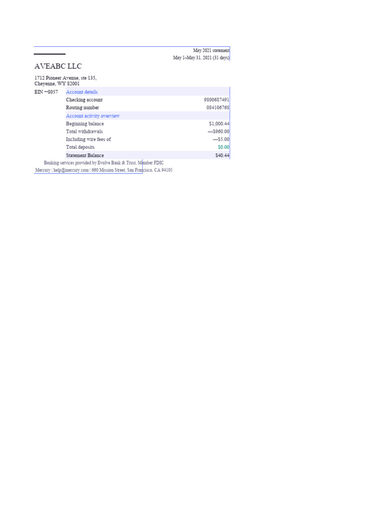 Mercury Bank Statement - May 2021 | PDF