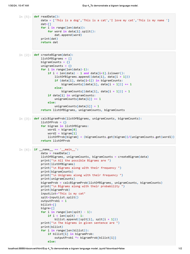 Exp 4_To demonstrate a bigram language model_ | PDF | Linguistics