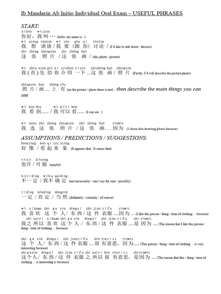 Mandarin AB Initio Oral Exam Useful Phrases With English Equivalent | PDF