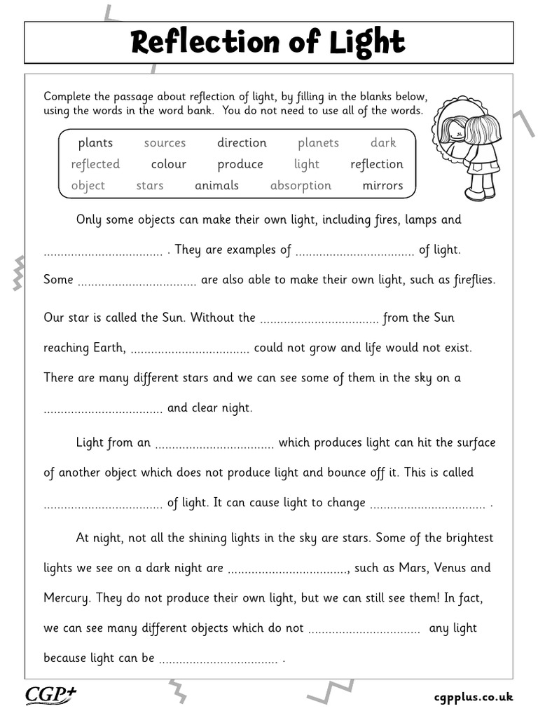 Reflection of Light Fill in The Blanks (Year 3) Black & White ...