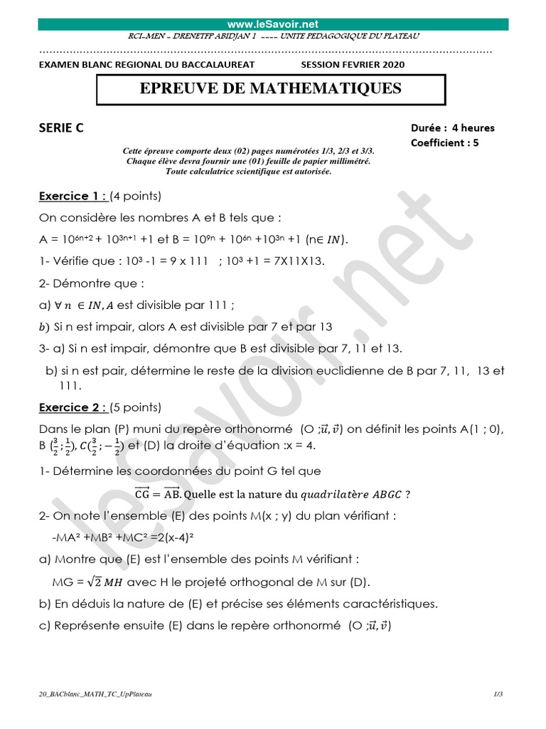 Bac Blanc Maths 2020 - Série C | PDF | Fonctionnalités et modélisations ...