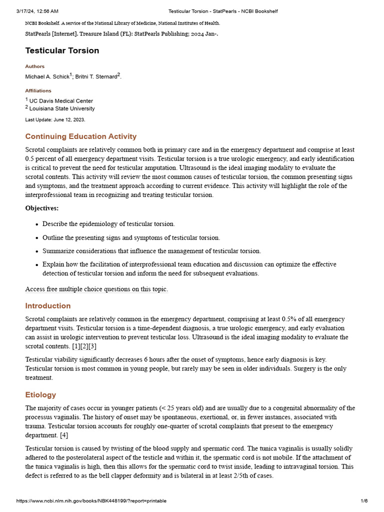 Testicular Torsion StatPearls NCBI Bookshelf PDF Emergency