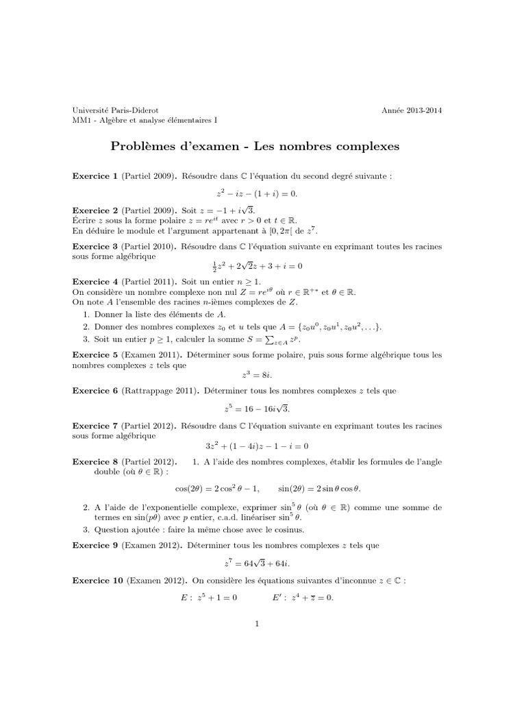 Exercices sur les Nombres Complexes | PDF | Nombre complexe | Fonction ...