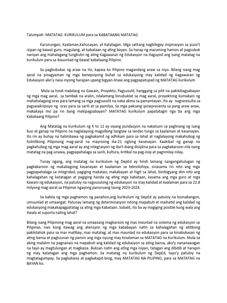 Talumpati No 1 Matatag Kurikulum 1 Pdf