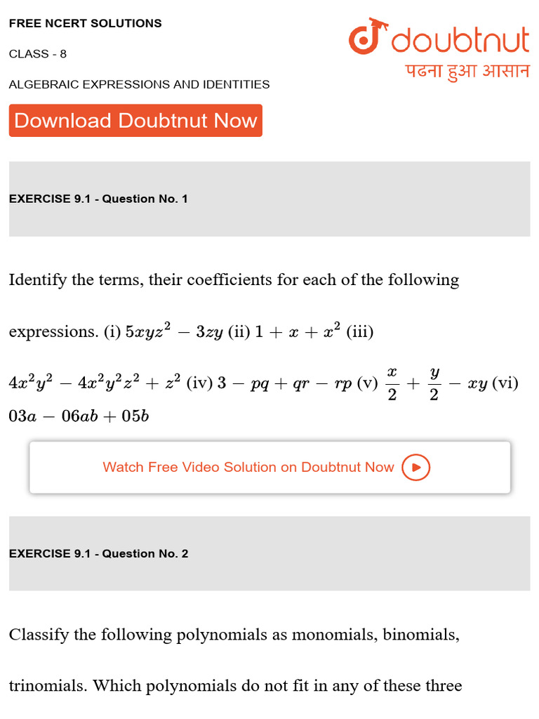 Ncert Solution 8 Algebraic Expressions and Identities 1 | PDF | Length ...