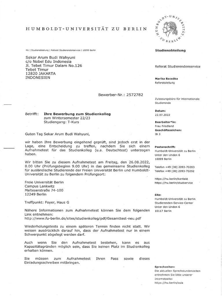 Einladung Aufnahmetest Studienkolleg WS 23 - 24 - 2572782 | PDF