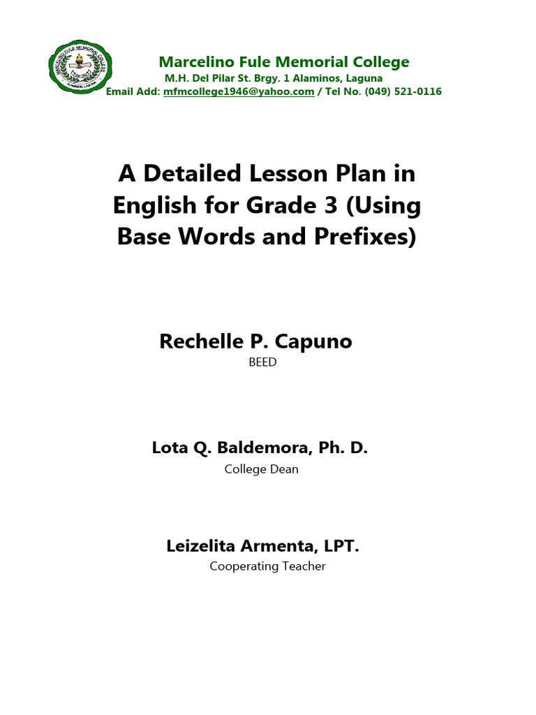 Grade 3 English Lesson Plan: Prefixes | PDF | Word | Lesson Plan