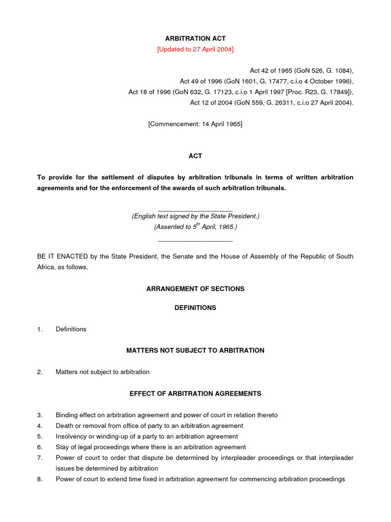 South Africa Arbitration Act Overview | PDF | Arbitral Tribunal ...