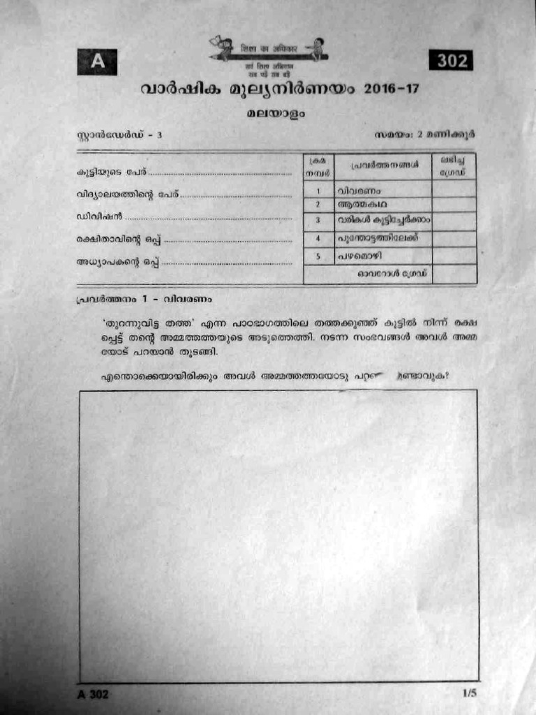 Class 3 Annual Exam Time Table 2025 Kerala