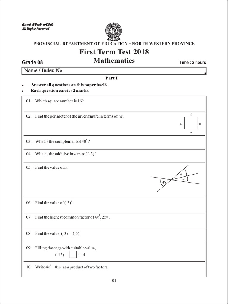 Grade 8 Maths First Term Test 2018 | PDF | Rectangle | Triangle
