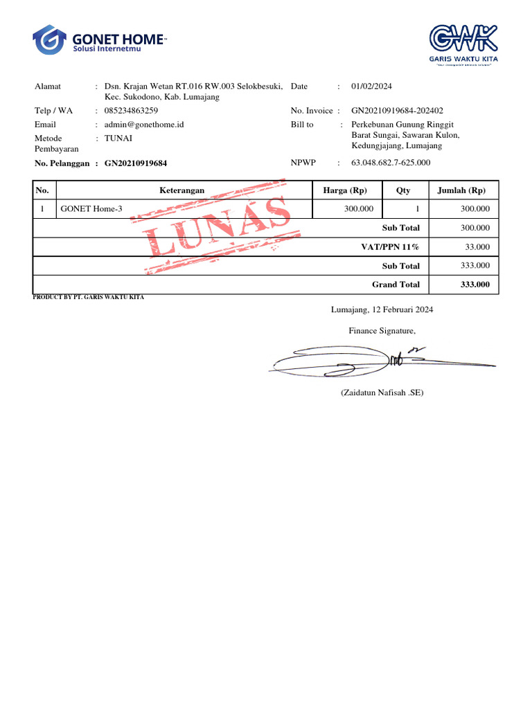Invoice Pembelian GONET Home | PDF