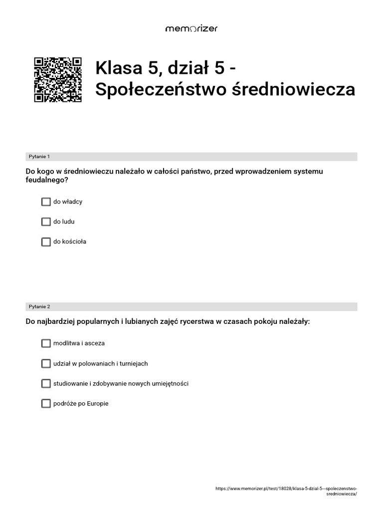 Sprawdzian Z Historii Klasa 5 Społeczeństwo średniowiecza Klasa 5, Dział 5 - Społeczeństwo Średniowiecza - ROZWIĄŻ | PDF