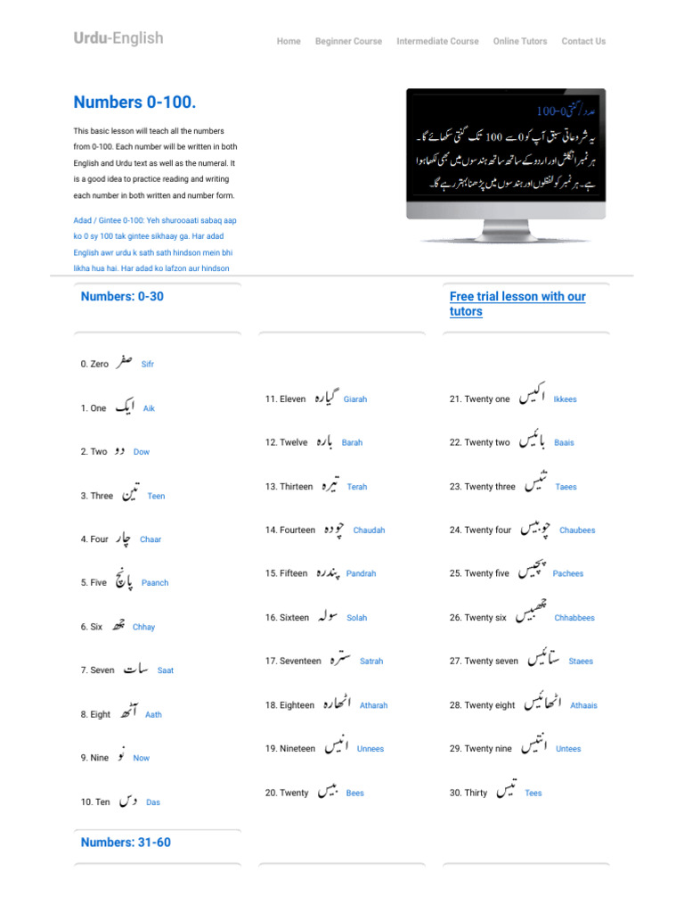 Numbers lesson learn to count to 100 in urdu and english pdf