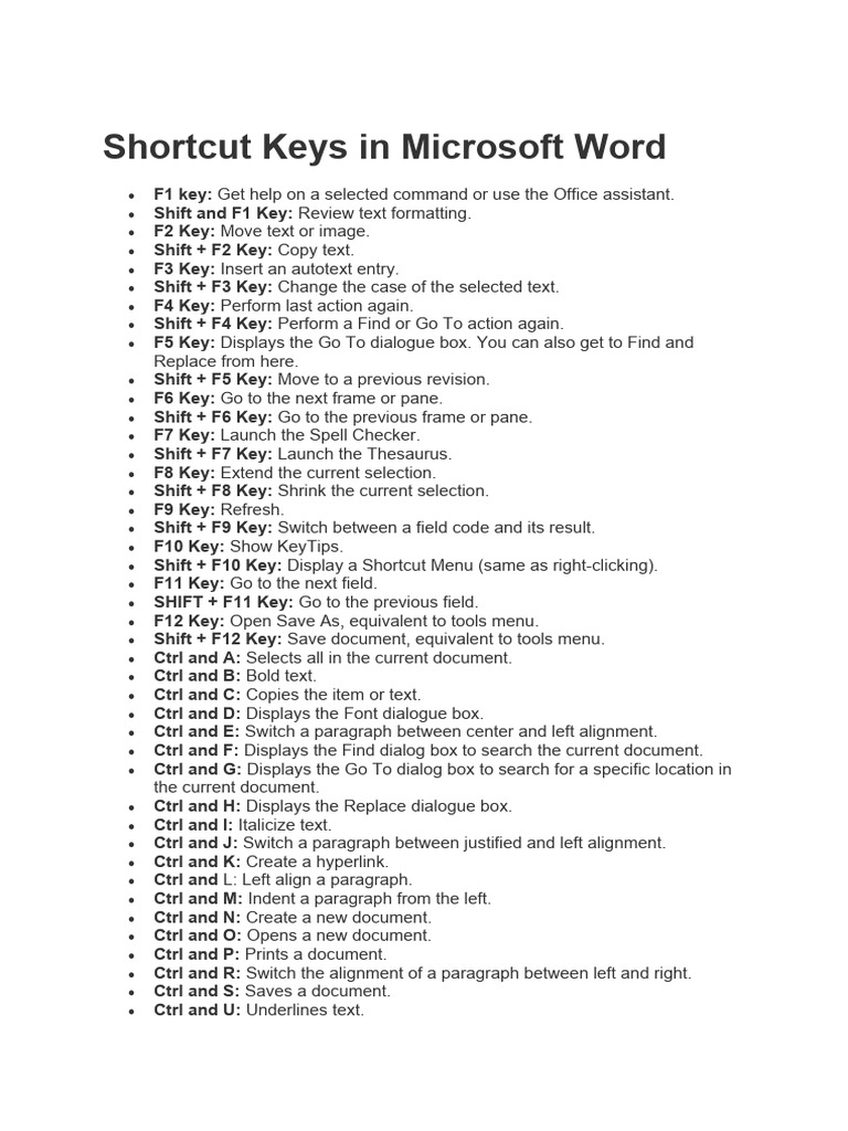 Microsoft Word Shortcut Keys Guide | PDF | Keyboard Shortcut | Computing
