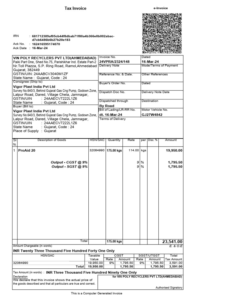 Vigor Plast Invoice HSN 32064990 | PDF
