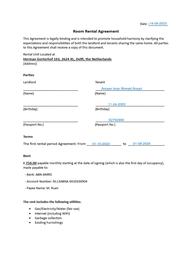 Room Rental Agreement - v1 | PDF | Leasehold Estate | Landlord