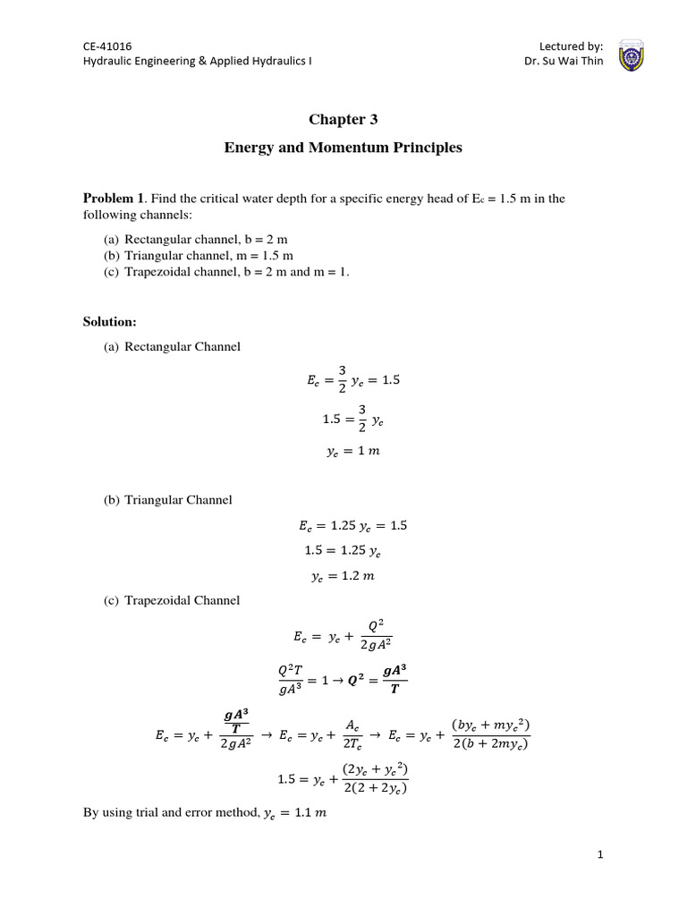 Critical Water Depth Calculations in Channels | PDF | Physics | Applied ...