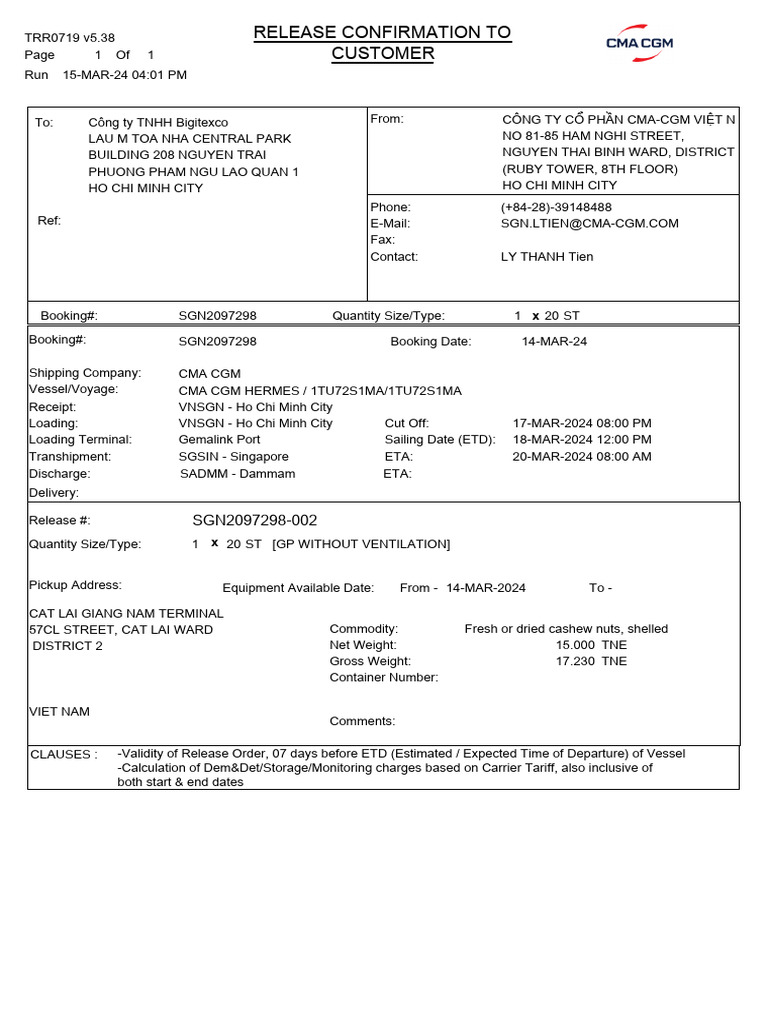 CMA CGM Release Confirmation Details | PDF | Vietnam | Shipping