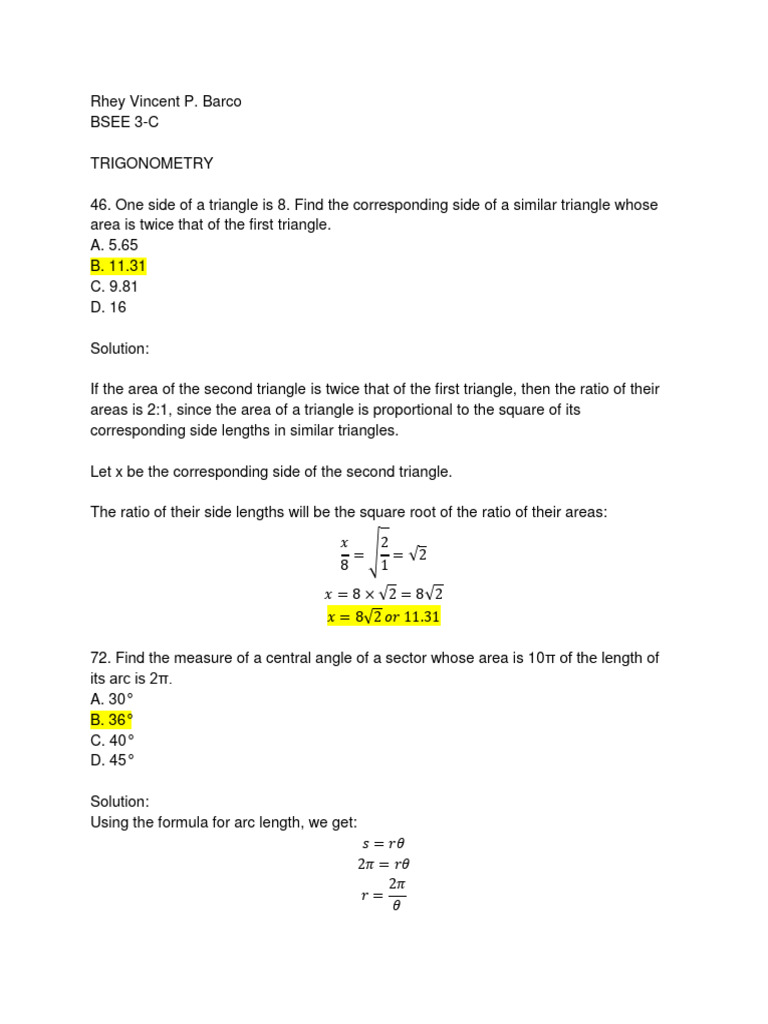Trigonometry Problems and Solutions | PDF | Triangle | Area
