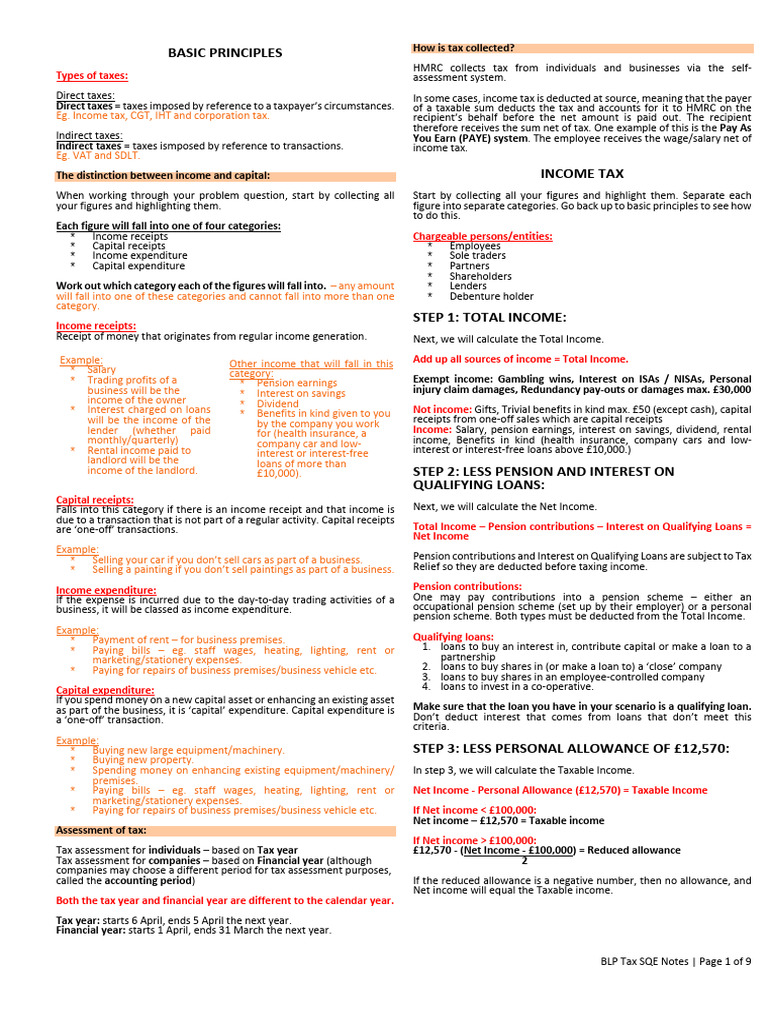 Business Tax SQE Notes Hngort | PDF | Capital Gains Tax | Expense