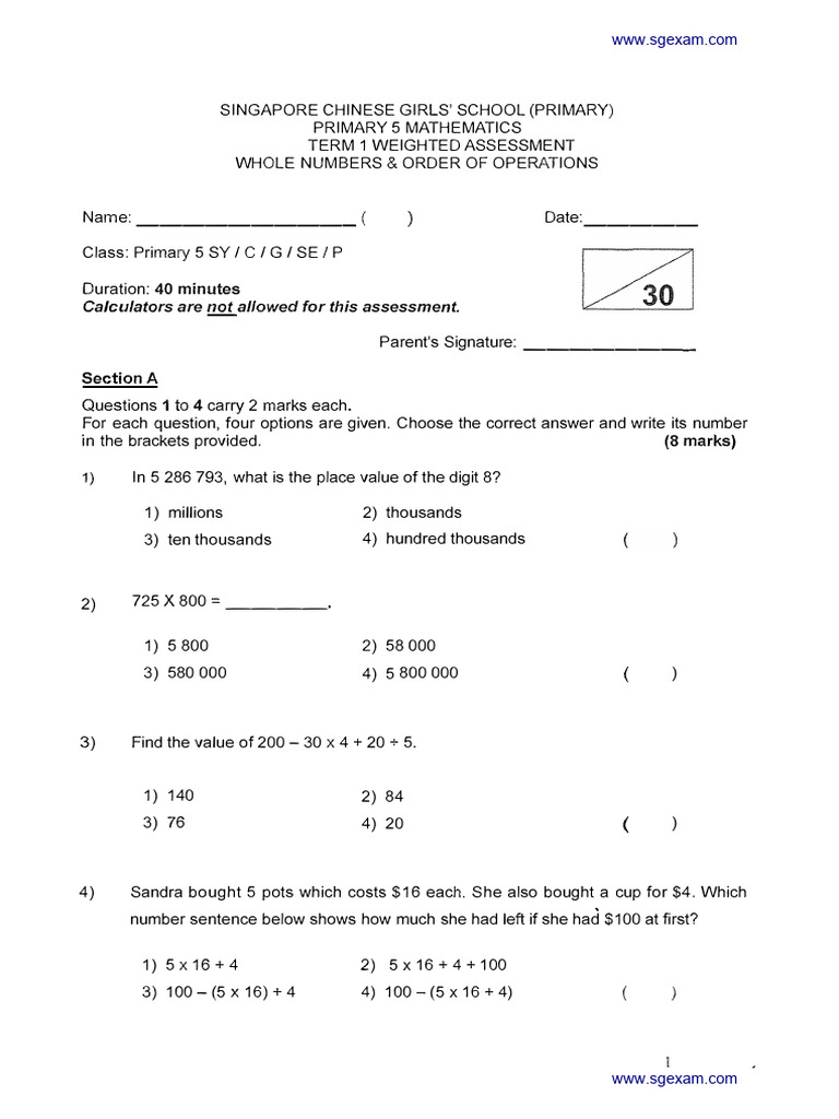 P5 Maths Term 1 Assessment Paper | PDF | Mathematics