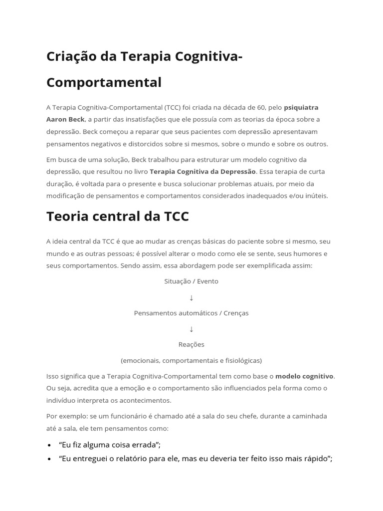 Criação Da Terapia Cognitiva Comportamental Pdf Terapia Cognitiva