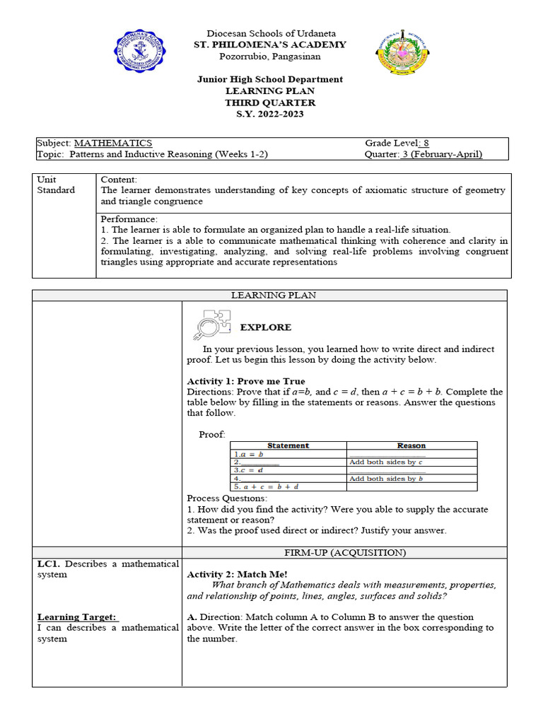 Grade 8 Math Learning Plan Q3 | PDF | Mathematical Proof | Mathematics