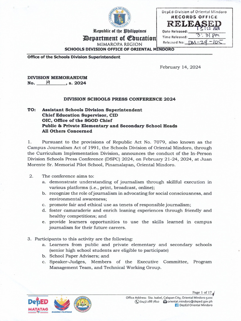 DM019 Division Schools Press Conference 2024 | PDF